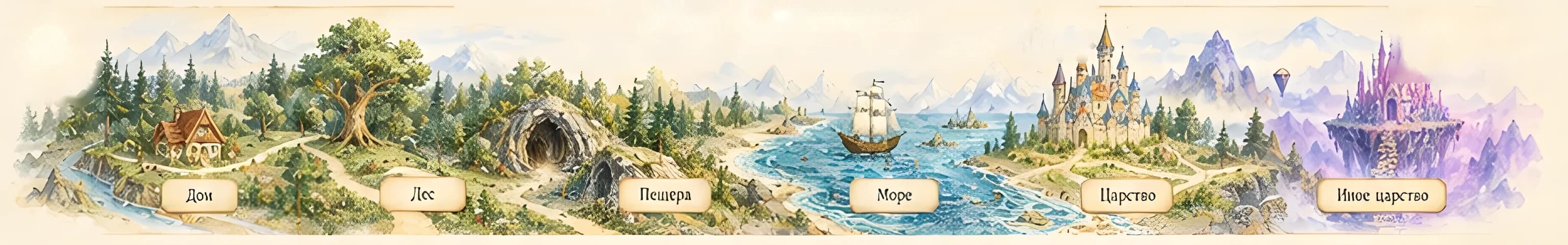 Карта сказочного мира: дом, лес, пещера, море, царство и иное царство